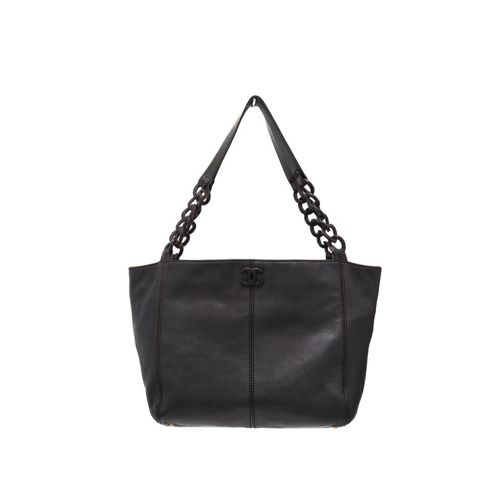 5.4k$ VTG Chanel Black Caviar Leather & Wooden Chain CC Logo Handle Tote Bag